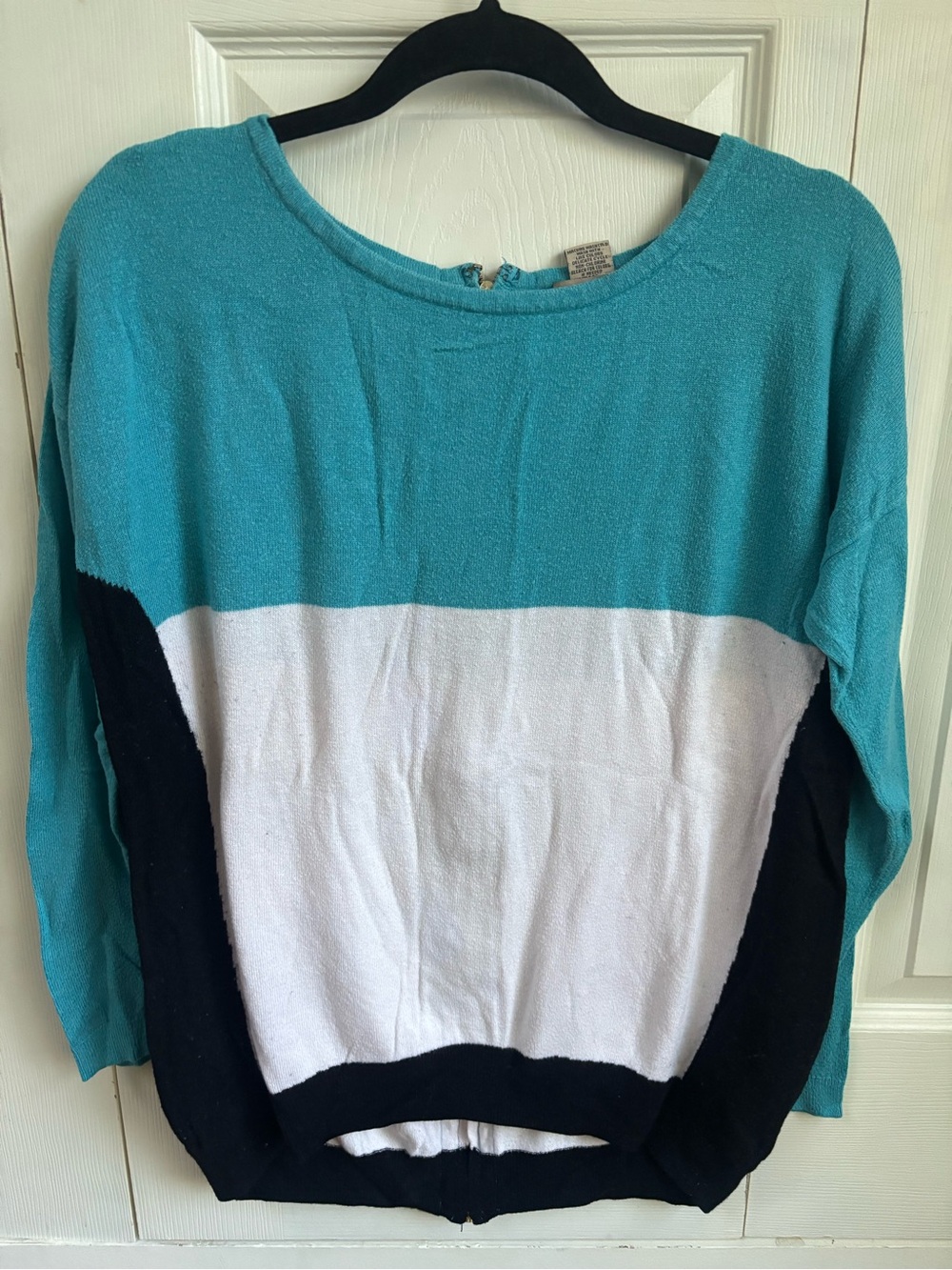 Teal, White & Black Colorblock Crew Neck Sweater